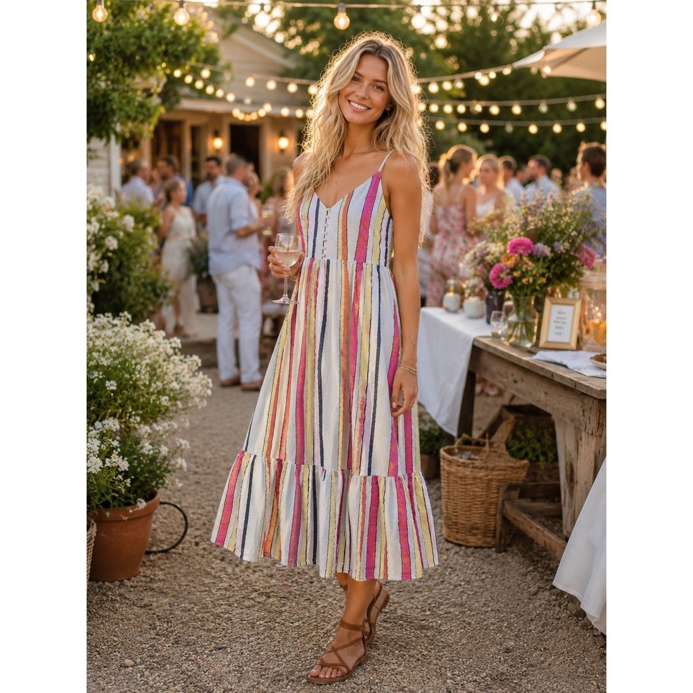 J. Crew Midi Summer Cotton Smocked Striped Dress Size 0 Rainbow Ruffle Tiered
